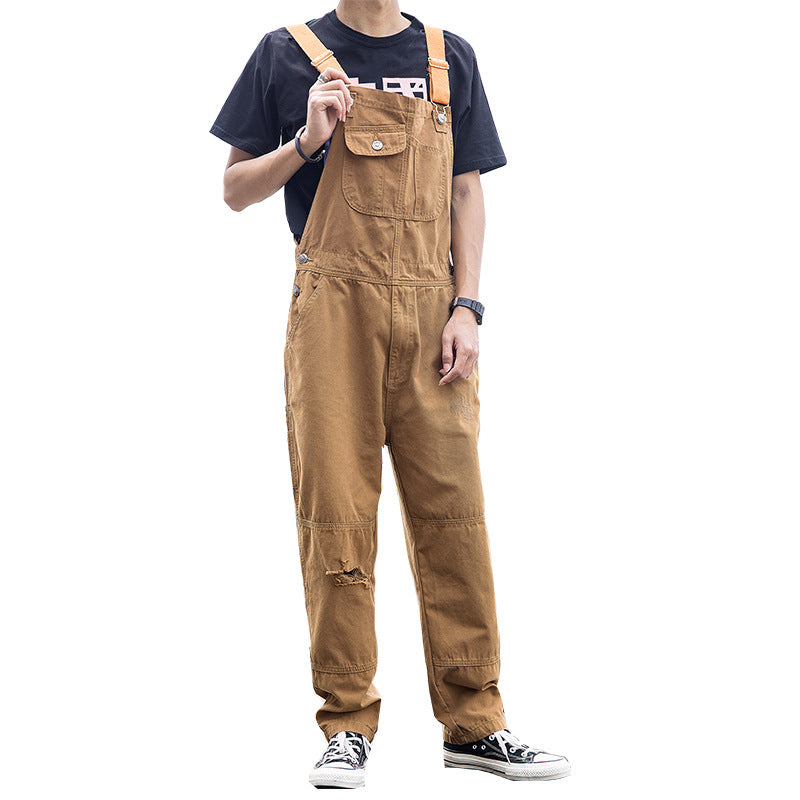 Men's Denim Overalls Couple's Ripped Loose Straight One-piece Wide-leg Covers Suspender Pants Ins Daddy Pants