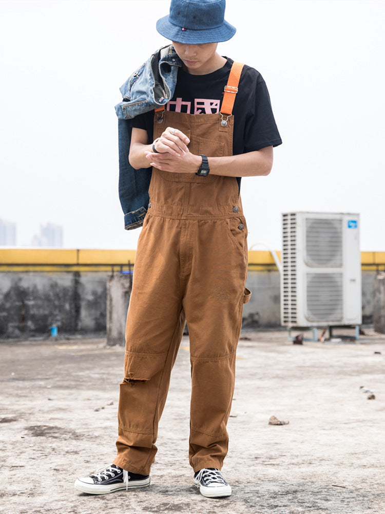 Men's Denim Overalls Couple's Ripped Loose Straight One-piece Wide-leg Covers Suspender Pants Ins Daddy Pants