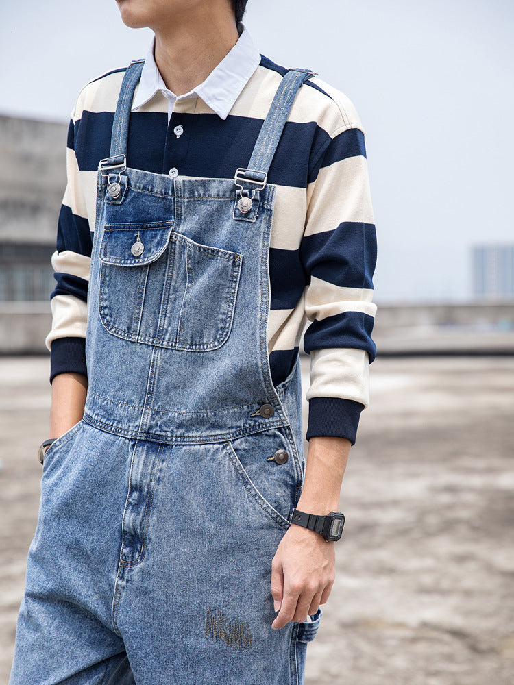 Men's Denim Overalls Couple's Ripped Loose Straight One-piece Wide-leg Covers Suspender Pants Ins Daddy Pants