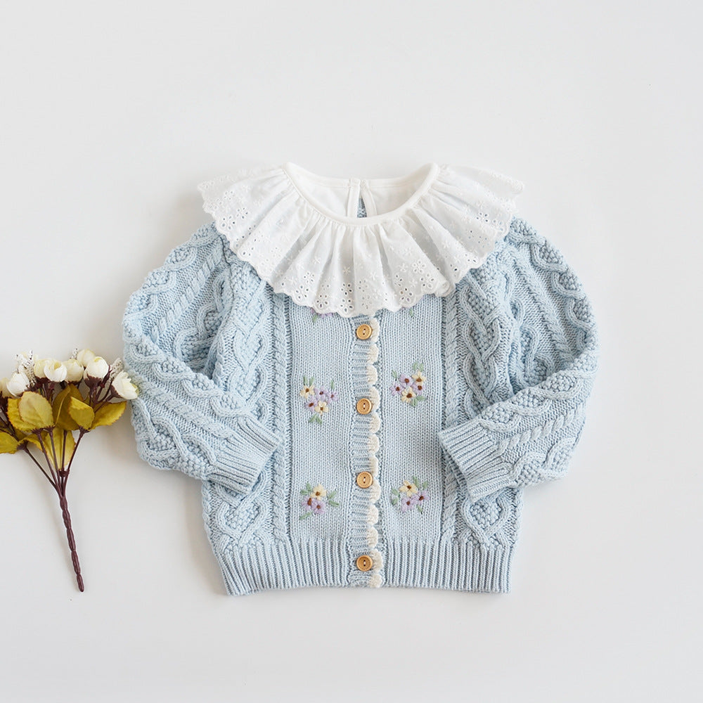 Children's Wear Spring And Autumn Girls' Sweater Cotton Knitted Cardigan Small Girl Baby Hand Embroidered Floral Jacket