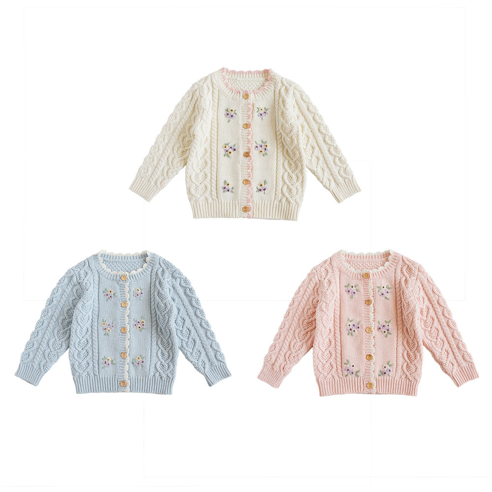 Children's Wear Spring And Autumn Girls' Sweater Cotton Knitted Cardigan Small Girl Baby Hand Embroidered Floral Jacket