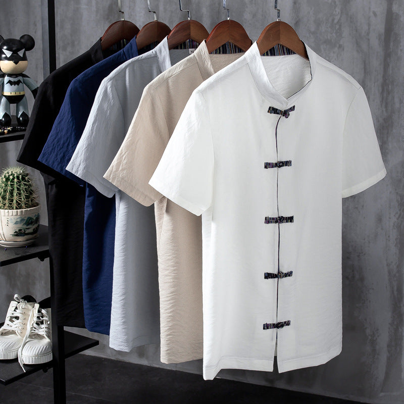 2021 Foreign Trade Cross-border Chinese Style Summer Cotton And Linen Buckle Casual Set Men's T-shirt Large Size Pants Two-piece Set