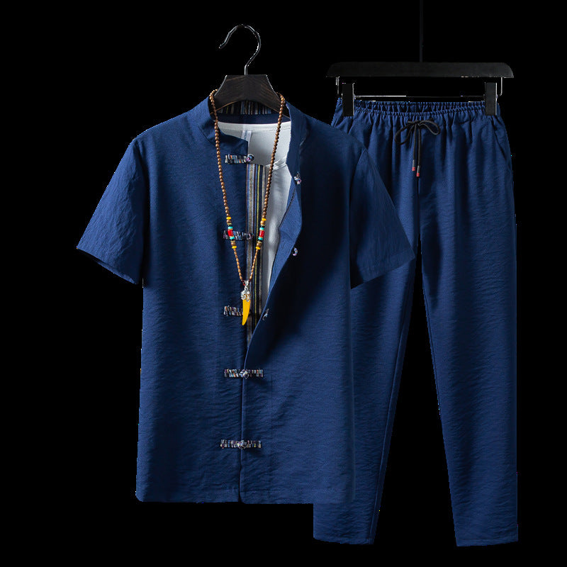 2021 Foreign Trade Cross-border Chinese Style Summer Cotton And Linen Buckle Casual Set Men's T-shirt Large Size Pants Two-piece Set