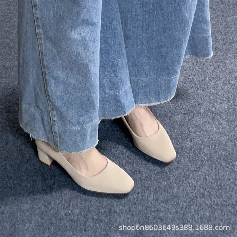 Nude High Heels Women's Round Toe Chunky Heel Shoes 2025 Early Spring New Long Standing Not Tired Feet Professional Shoes Work Shoes