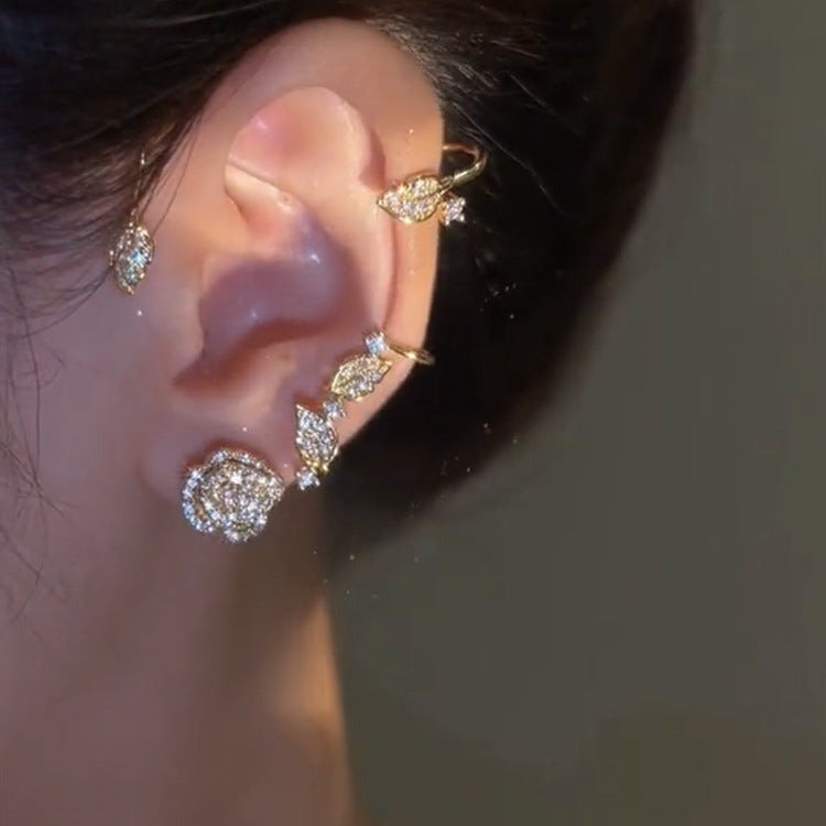 Style Micro-inlaid Zircon Rose Leaf Ear Hanging Earrings Women's Light Luxury Exquisite Personality No Ear Holes Can Wear Ears