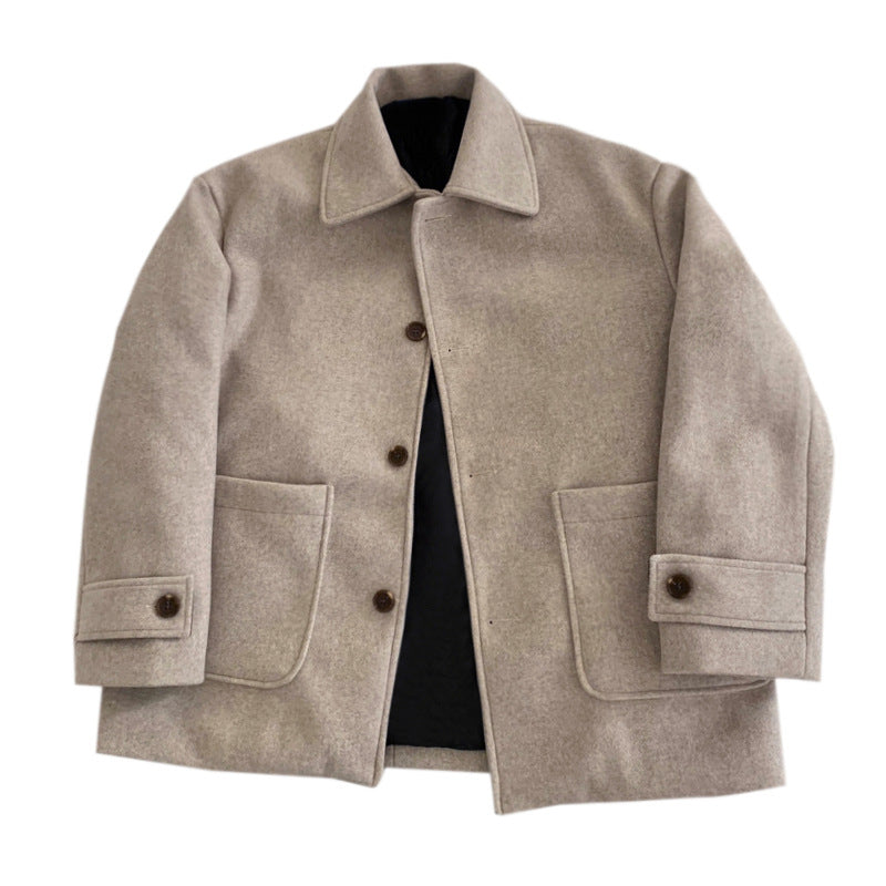 Korean Style Trendy Spring And Autumn Jacket Casual All-match Warm Short Woolen Jacket Short Men's High Street Lapel