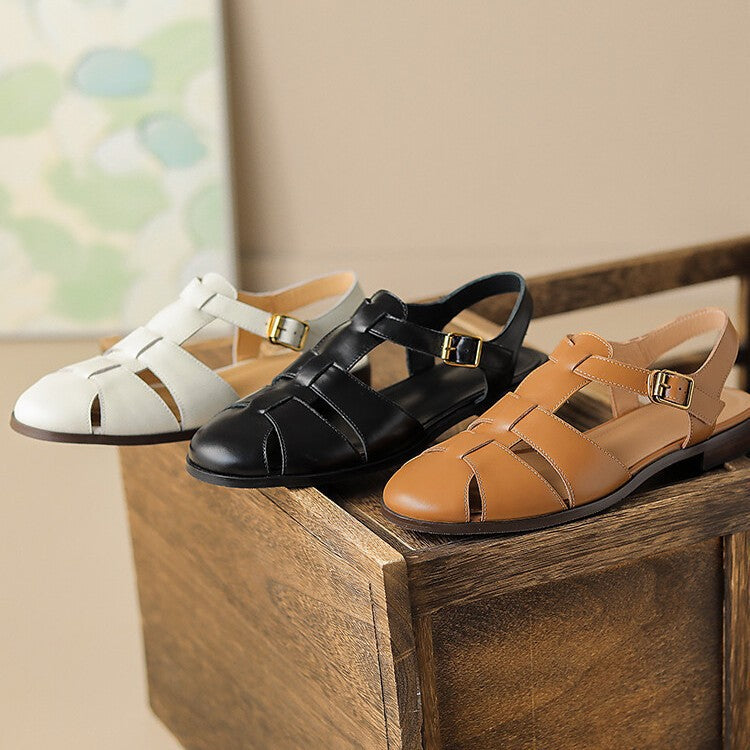 2024 New Style Genuine Leather Vintage Roman Woven Toe Empty Sandals Fashionable All-match Soft-top Summer Women's Trendy Single-layer Shoes