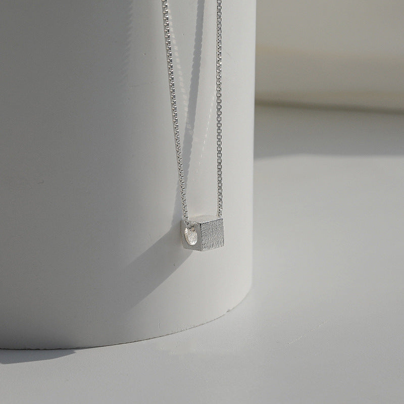 S925 Sterling Silver Small Square Sugar Necklace Women's Light Luxury Niche Geometric Brushed Square Clavicle Chain All-match Jewelry Summer