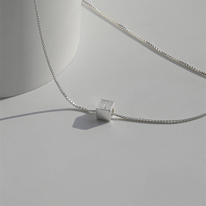 S925 Sterling Silver Small Square Sugar Necklace Women's Light Luxury Niche Geometric Brushed Square Clavicle Chain All-match Jewelry Summer