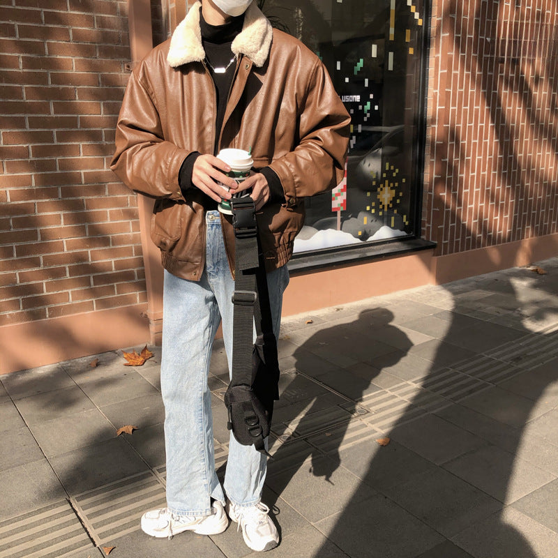 2024 Winter Fleece-lined Motorcycle Leather Men's Korean-style Lapel Thickened Leather Cotton-padded