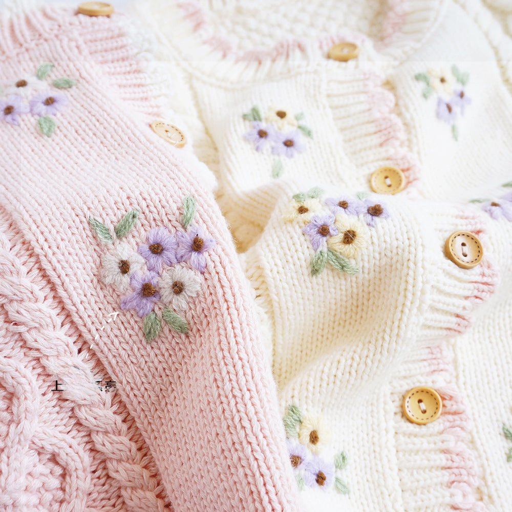 Children's Wear Spring And Autumn Girls' Sweater Cotton Knitted Cardigan Small Girl Baby Hand Embroidered Floral Jacket