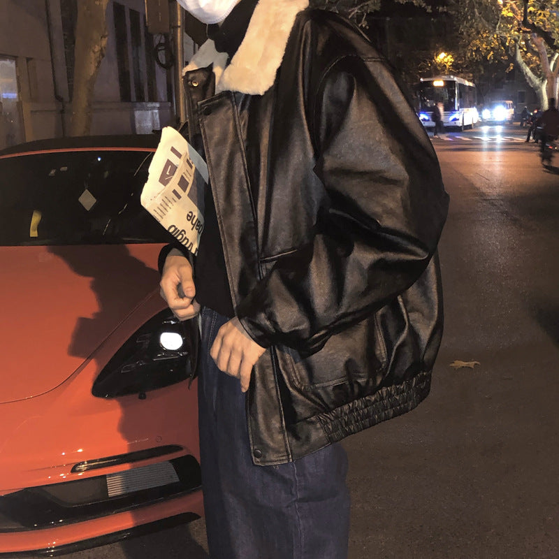 2024 Winter Fleece-lined Motorcycle Leather Men's Korean-style Lapel Thickened Leather Cotton-padded