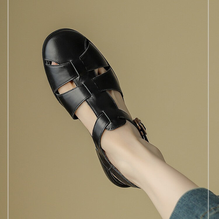 2024 New Style Genuine Leather Vintage Roman Woven Toe Empty Sandals Fashionable All-match Soft-top Summer Women's Trendy Single-layer Shoes