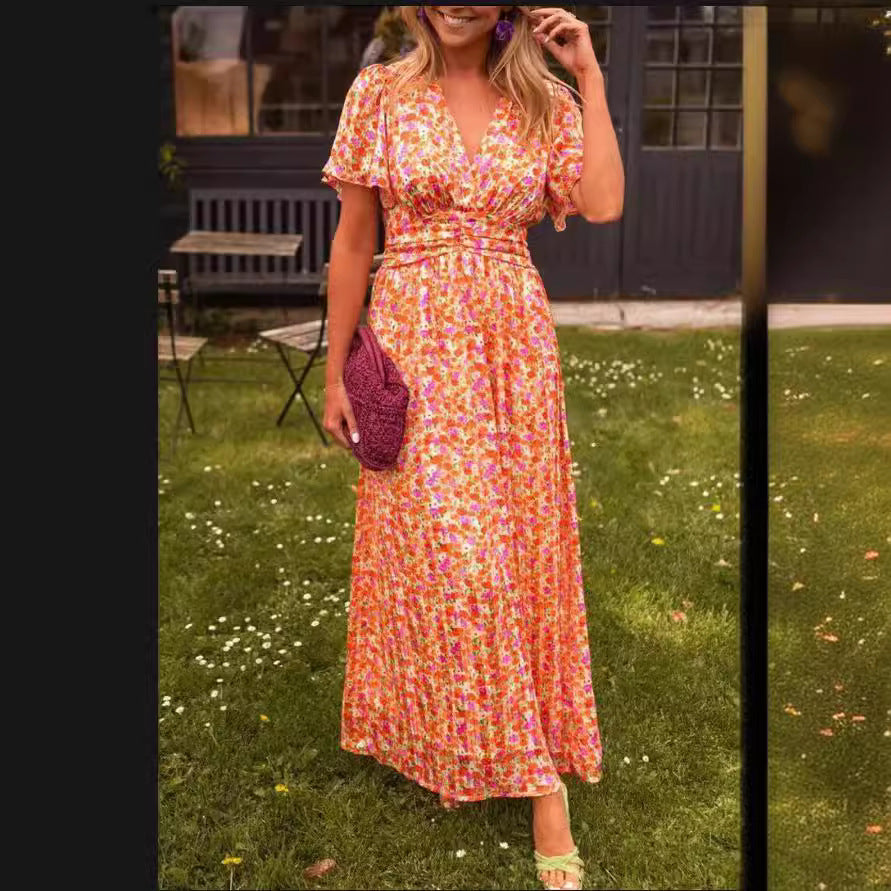Women's Elegant Printed Waist V Neck Dress Long Skirt