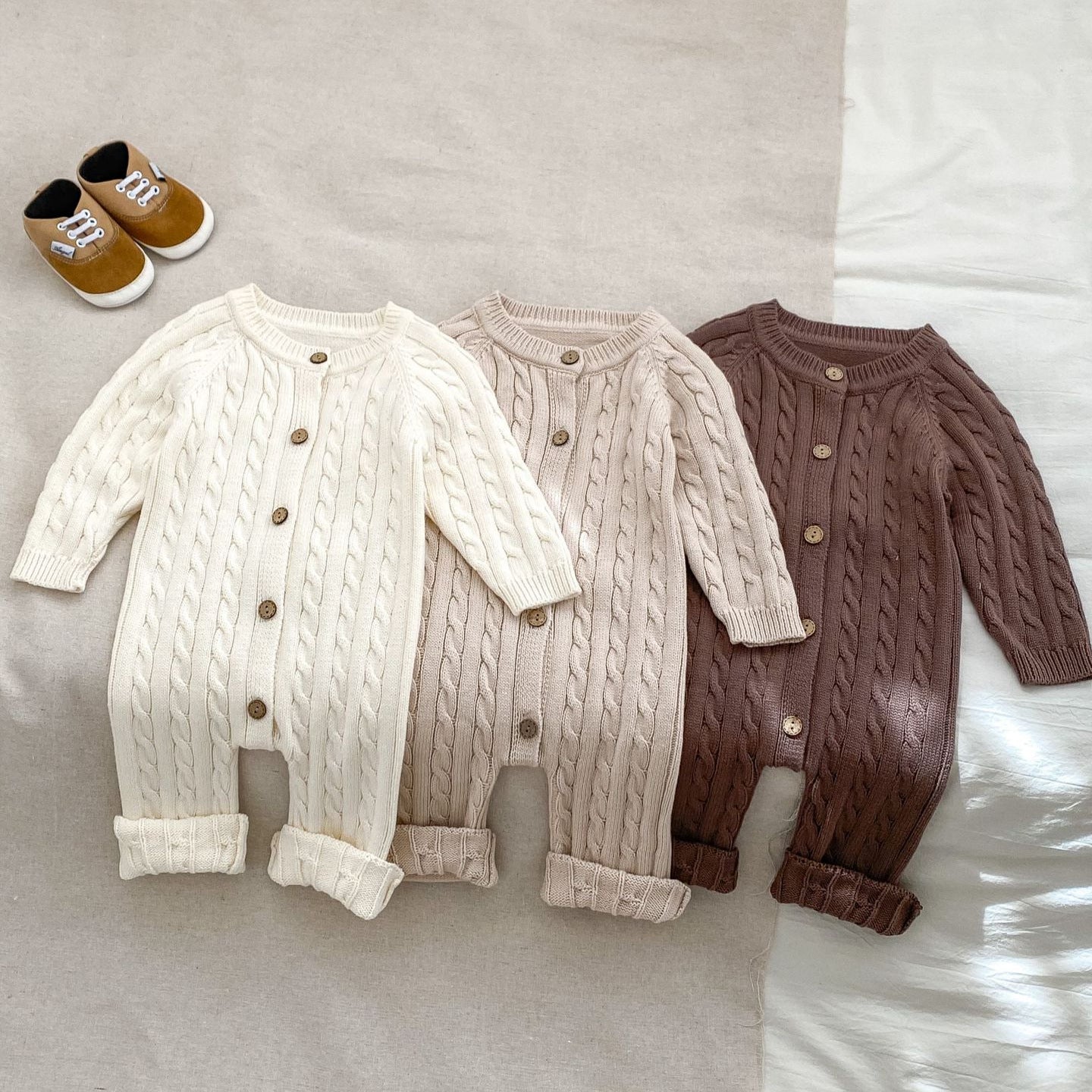 2024 Baby Girl Casual Long Climbing Autumn New Sweater Long-sleeved Handmade Twist Baby Jumpsuit Knitted Long Climbing