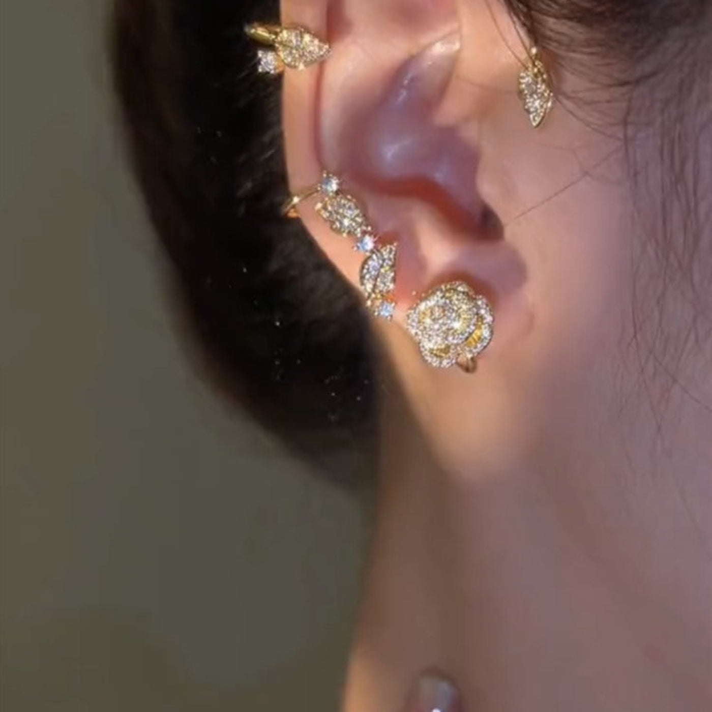 Style Micro-inlaid Zircon Rose Leaf Ear Hanging Earrings Women's Light Luxury Exquisite Personality No Ear Holes Can Wear Ears