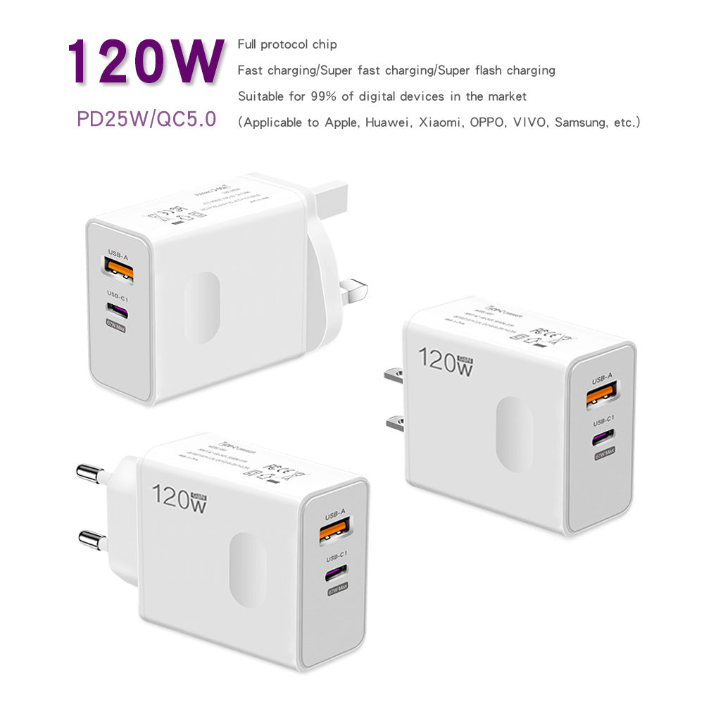 120W Super Fast Charging Flash Charging European And American British Standard Mobile Phone Charger For Apple 15 Huawei Xiaomi Charging Head