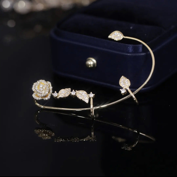 Style Micro-inlaid Zircon Rose Leaf Ear Hanging Earrings Women's Light Luxury Exquisite Personality No Ear Holes Can Wear Ears