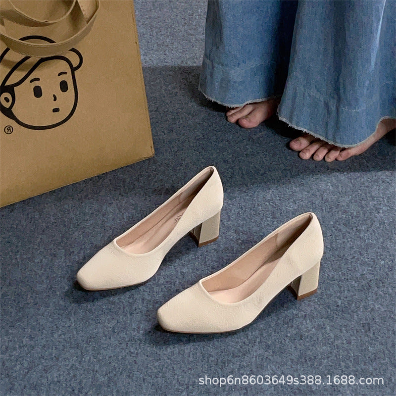 Nude High Heels Women's Round Toe Chunky Heel Shoes 2025 Early Spring New Long Standing Not Tired Feet Professional Shoes Work Shoes