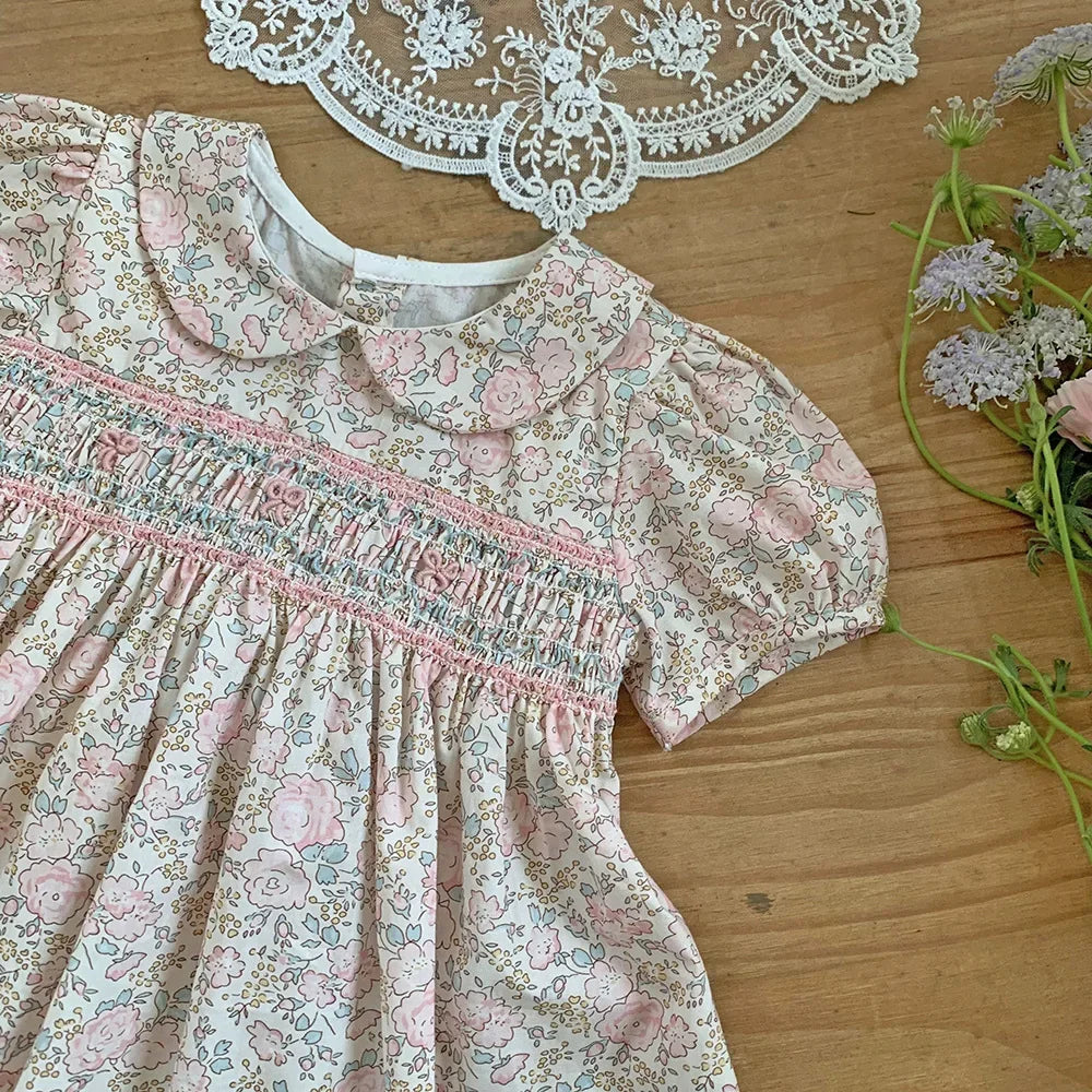 Children's Wear Girl's Handmade Embroidered Dress Baby's Girls' Collar Cotton Floral Dress