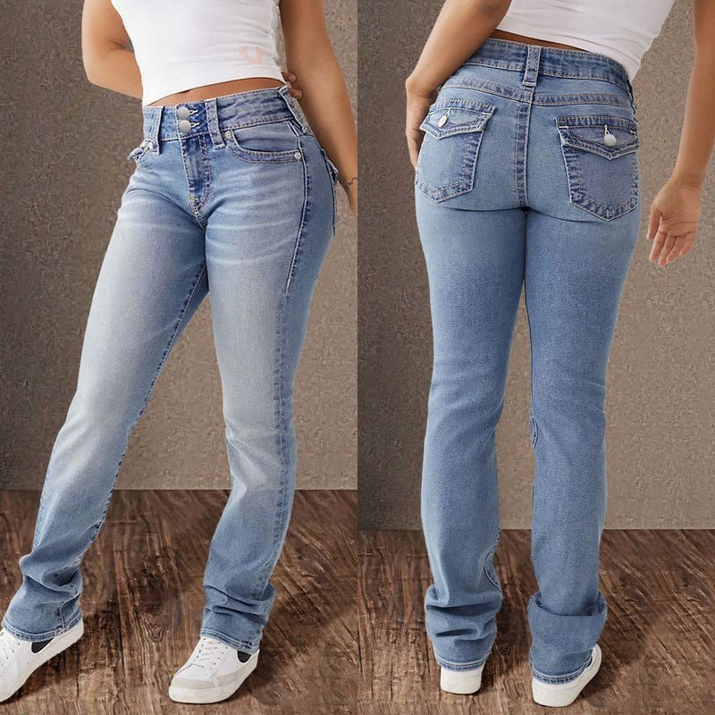 Spring Festival New Double Button Mid-waist Straight Jeans Women's Slim-fit Elegant Pants