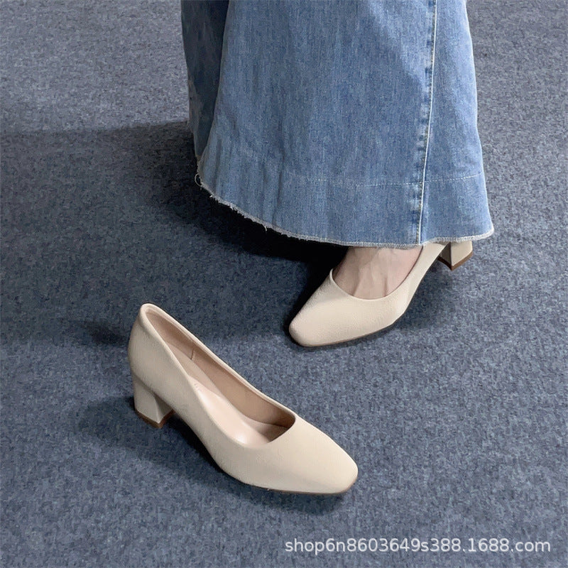 Nude High Heels Women's Round Toe Chunky Heel Shoes 2025 Early Spring New Long Standing Not Tired Feet Professional Shoes Work Shoes