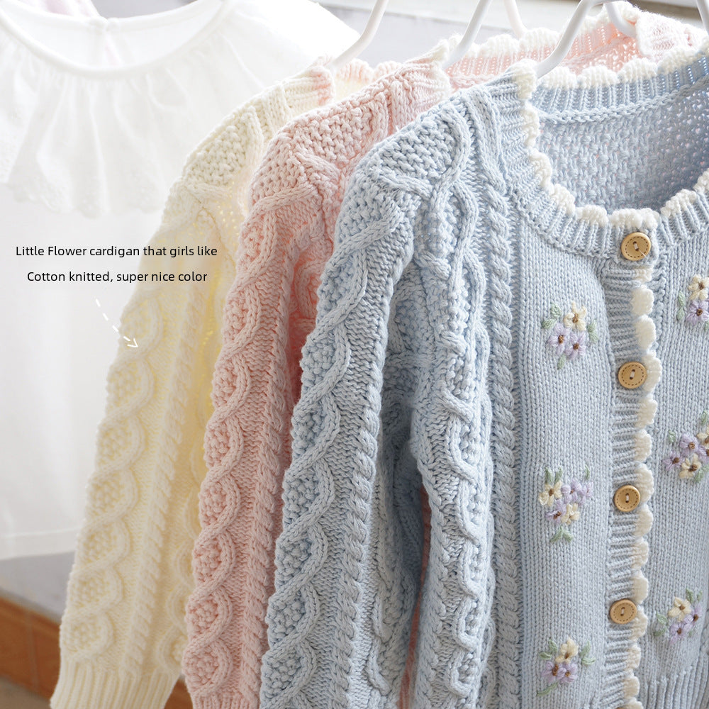 Children's Wear Spring And Autumn Girls' Sweater Cotton Knitted Cardigan Small Girl Baby Hand Embroidered Floral Jacket