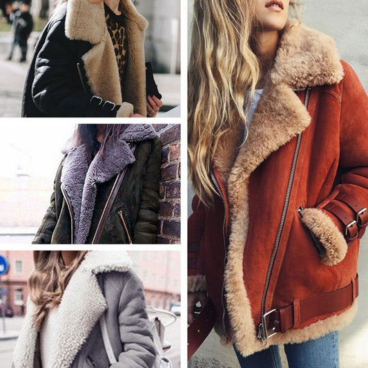 Spot Ebay Amazon Wish Motorcycle Deerskin Velvet Lamb Coat Women&#039;s Lapel Fur Cotton Coat