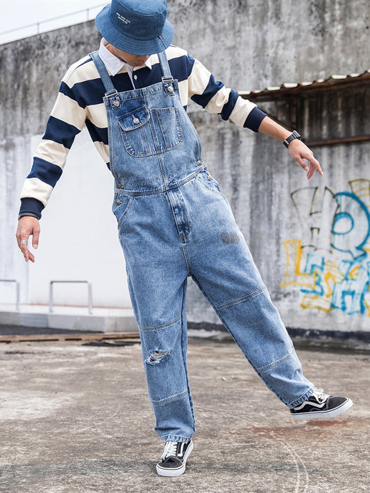 Men&#039;s Denim Overalls Couple&#039;s Ripped Loose Straight One-piece Wide-leg Covers Suspender Pants Ins Daddy Pants