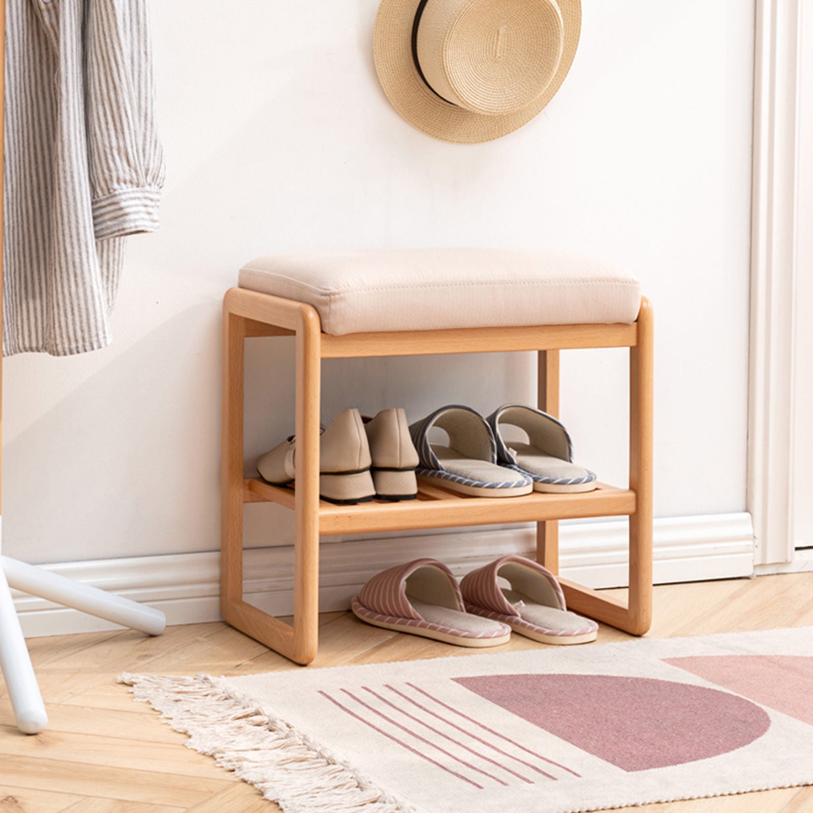 Qokori 100% Solid Beech Shoe Rack for Entryway,2-Tier Small Shoe Rack, Entryway Storage Bench for Cleaning Padded Seat&quot;