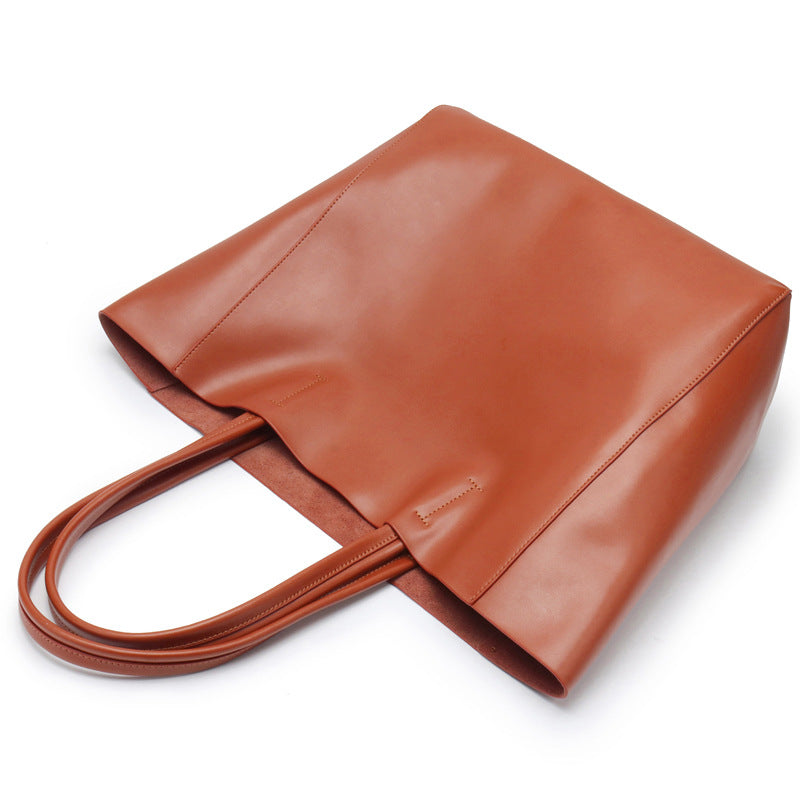 Ladies&#039; Shoulder Bag Made Soft Leather Large Capacity Handbag Casual Tote Bag Zipper Closure In Beige Brown