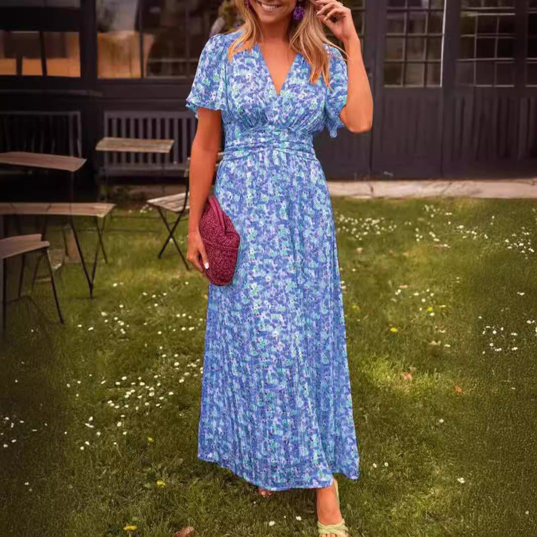 Women&#039;s Elegant Printed Waist V Neck Dress Long Skirt