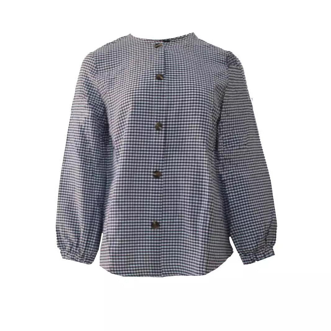 New Women&#039;s Plaid Print Puff Sleeve Button Shirt Casual Vintage Top FD 87434533