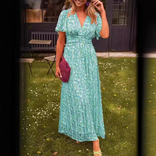 Women&#039;s Elegant Printed Waist V Neck Dress Long Skirt