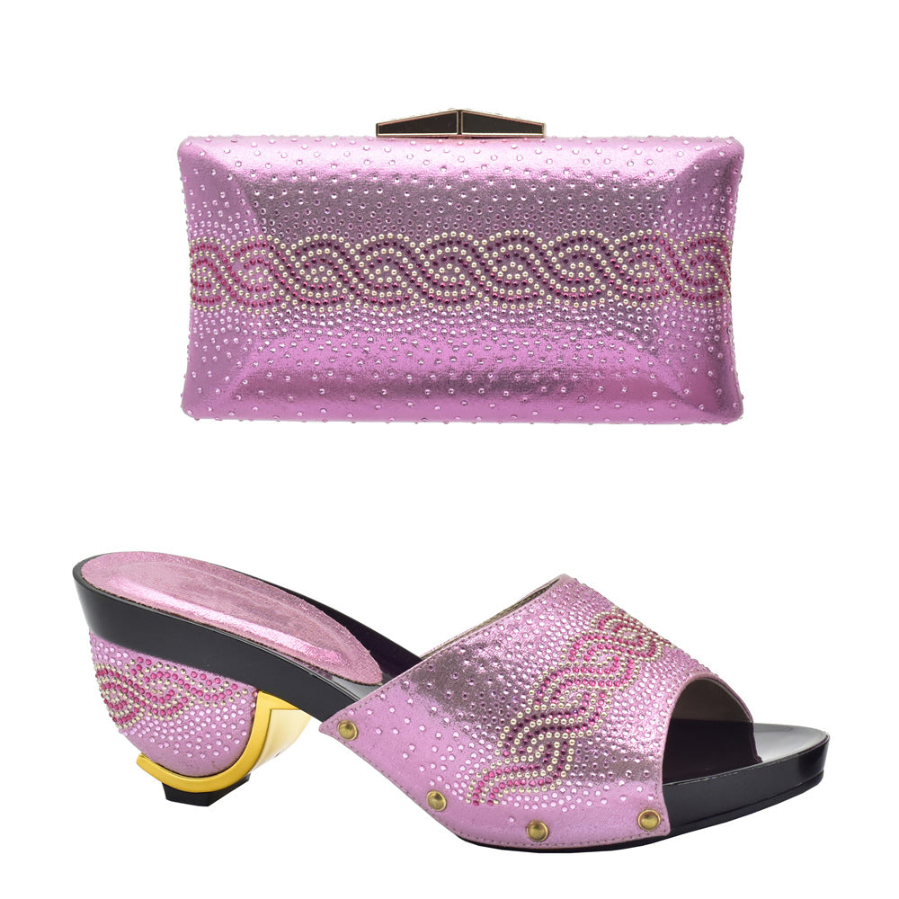 New Solid Color Rhinestone Round-toe High Heels Italian Women&#039;s Wedding Shoes Rhinestone Elegant Hand Clutch Suit