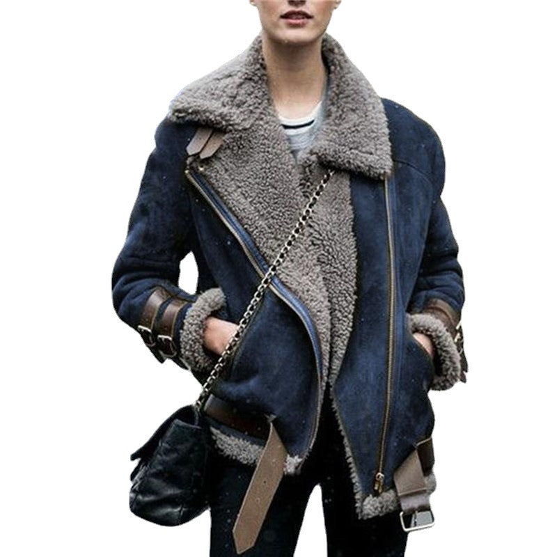 Spot Ebay Amazon Wish Motorcycle Deerskin Velvet Lamb Coat Women&#039;s Lapel Fur Cotton Coat