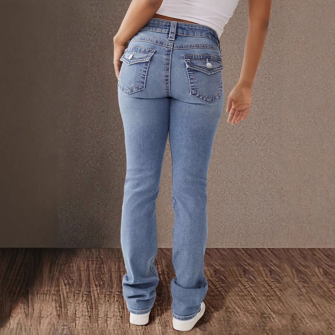 Spring Festival New Double Button Mid-waist Straight Jeans Women&#039;s Slim-fit Elegant Pants