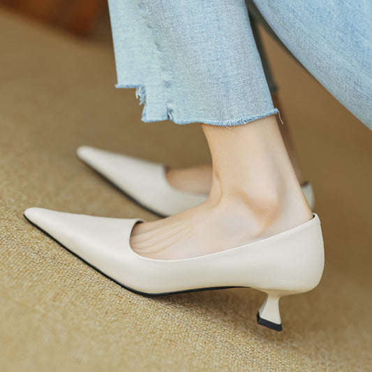 Sizes Removable, Elegant Kitten Heel, Full Genuine Leather Inside And Outside, 2024 Spring Thin Medium Heel Pointed Toe Cowhide Pumps For Women