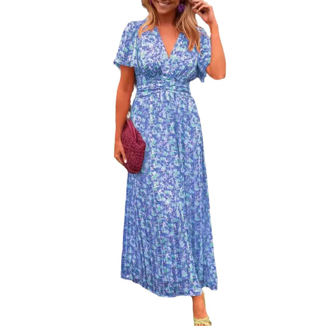 Women&#039;s Elegant Printed Waist V Neck Dress Long Skirt
