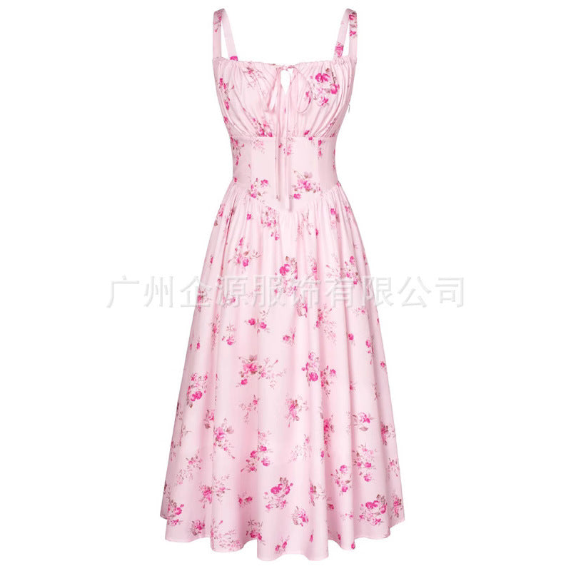 Summer New Sling Printed Dress Waist Mid-length Dress Party Dress Women