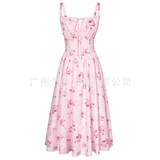 Summer New Sling Printed Dress Waist Mid-length Dress Party Dress Women