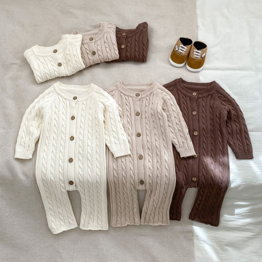 2024 Baby Girl Casual Long Climbing Autumn New Sweater Long-sleeved Handmade Twist Baby Jumpsuit Knitted Long Climbing
