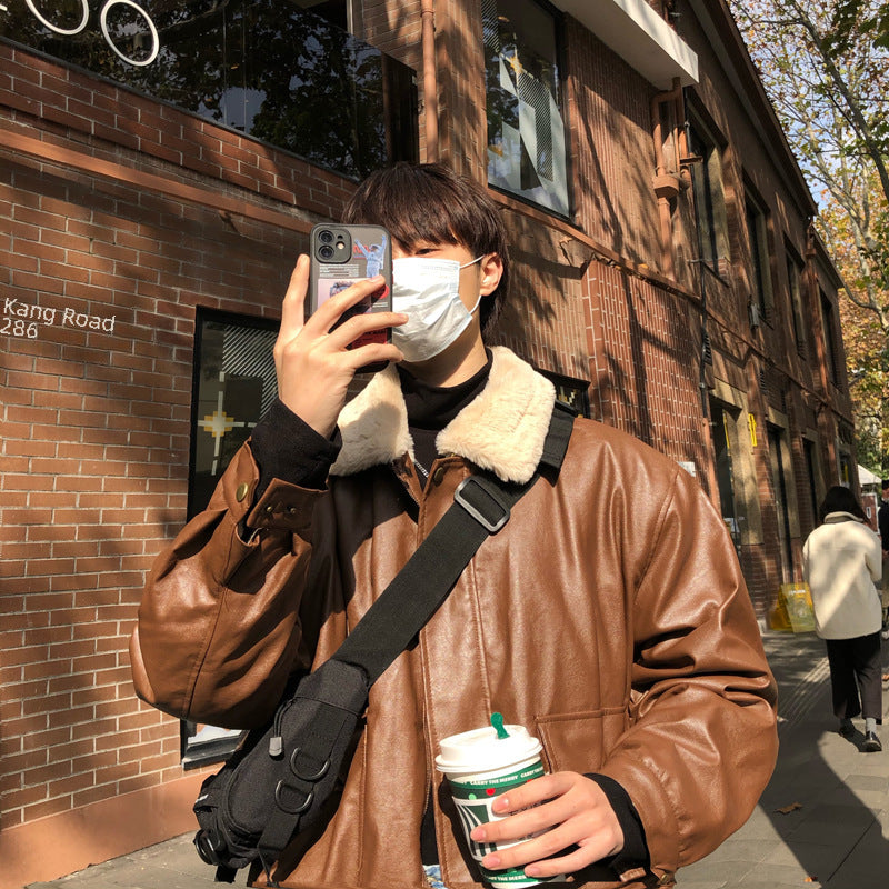 2024 Winter Fleece-lined Motorcycle Leather Men&#039;s Korean-style Lapel Thickened Leather Cotton-padded
