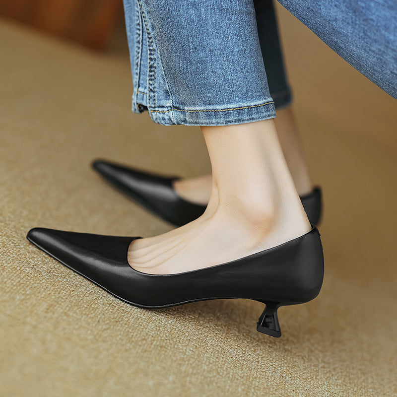 Sizes Removable, Elegant Kitten Heel, Full Genuine Leather Inside And Outside, 2024 Spring Thin Medium Heel Pointed Toe Cowhide Pumps For Women