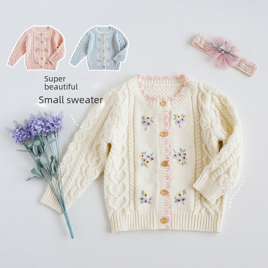 Children&#039;s Wear Spring And Autumn Girls&#039; Sweater Cotton Knitted Cardigan Small Girl Baby Hand Embroidered Floral Jacket