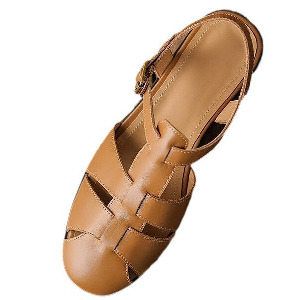 2024 New Style Genuine Leather Vintage Roman Woven Toe Empty Sandals Fashionable All-match Soft-top Summer Women&#039;s Trendy Single-layer Shoes
