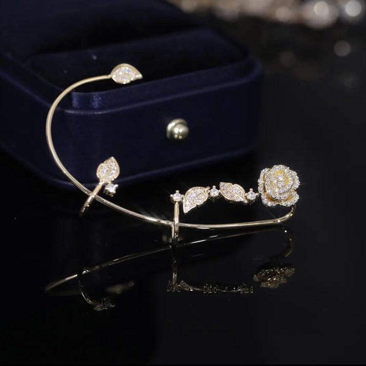 Style Micro-inlaid Zircon Rose Leaf Ear Hanging Earrings Women&#039;s Light Luxury Exquisite Personality No Ear Holes Can Wear Ears