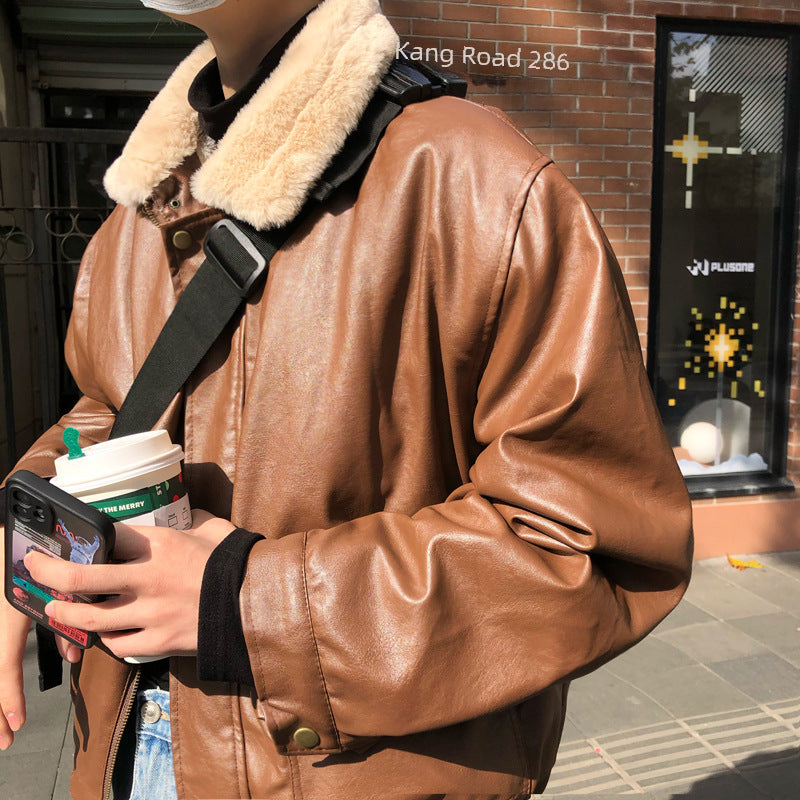 2024 Winter Fleece-lined Motorcycle Leather Men&#039;s Korean-style Lapel Thickened Leather Cotton-padded