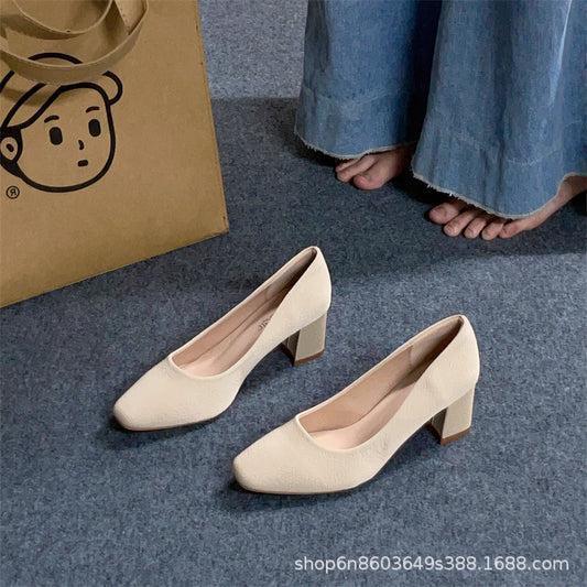 Nude High Heels Women&#039;s Round Toe Chunky Heel Shoes 2025 Early Spring New Long Standing Not Tired Feet Professional Shoes Work Shoes
