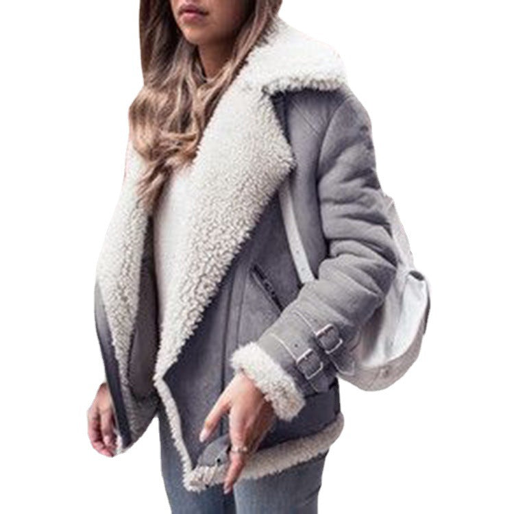 Spot Ebay Amazon Wish Motorcycle Deerskin Velvet Lamb Coat Women&#039;s Lapel Fur Cotton Coat